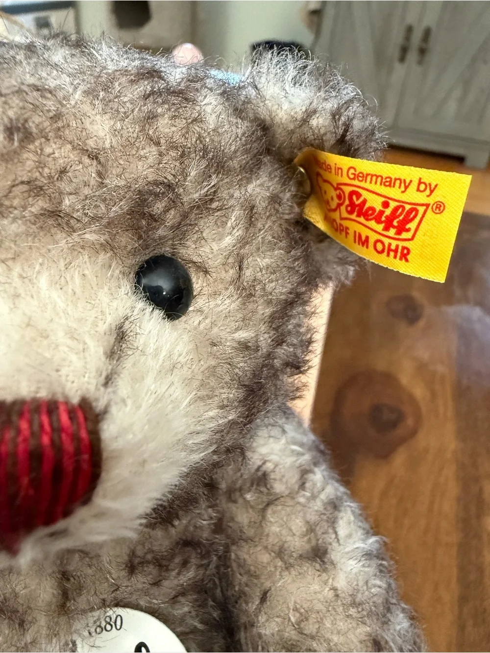 Steiff Gray Brown Curly Mohair Teddy Bear with Red Nose